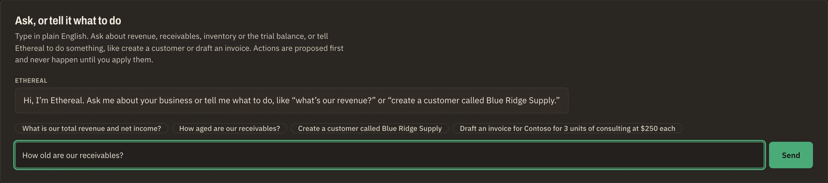 Ask Ethereal with the question “How old are our receivables?” typed in, above suggested questions and a Send button