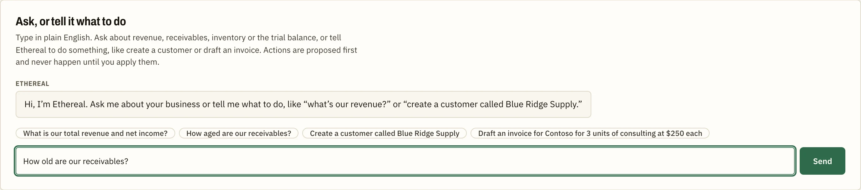 Ask Ethereal with the question “How old are our receivables?” typed in, above suggested questions and a Send button