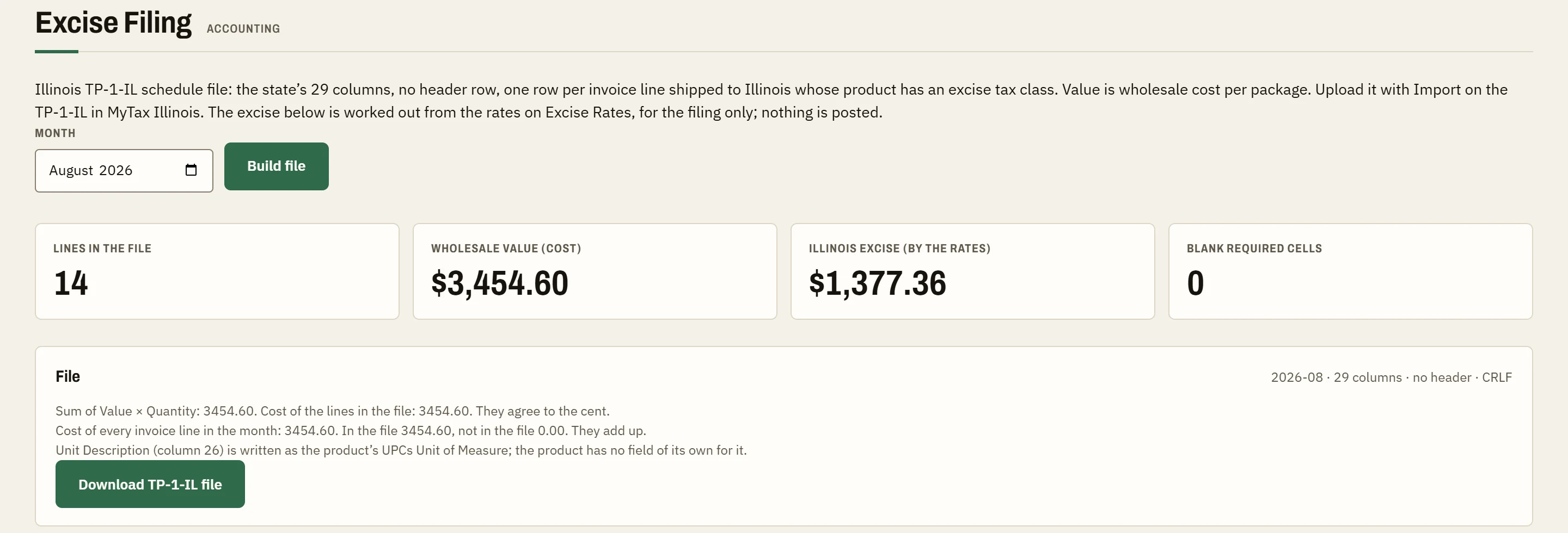 The Excise Filing screen for an Illinois month: the file's line count, wholesale value, Illinois excise and blank required cells, with a Download button for the state file