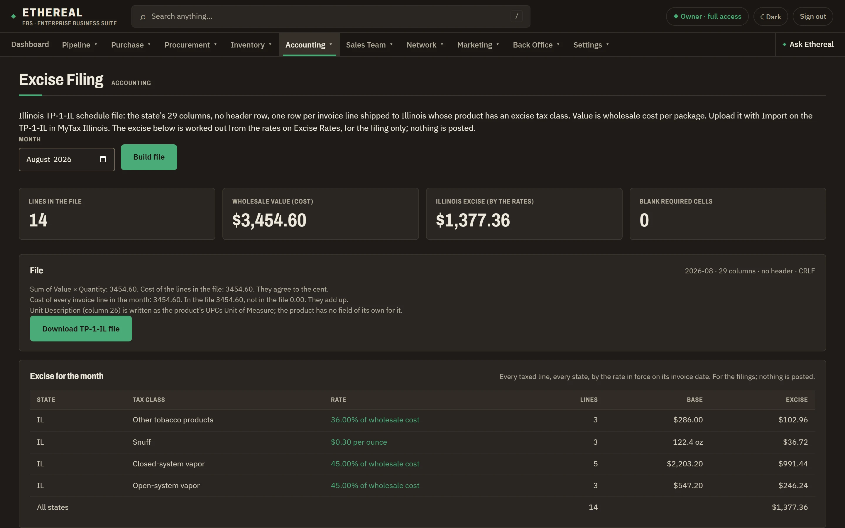 The Excise Filing screen for Illinois: the file's line count, wholesale value, Illinois excise and blank required cells, a Download button, and the excise for the month by tax class