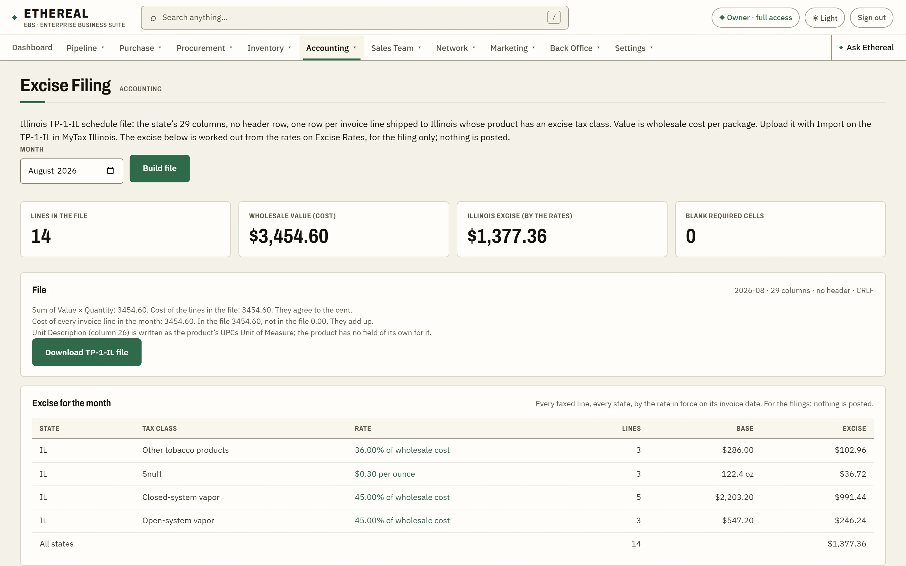 The Excise Filing screen for Illinois: the file's line count, wholesale value, Illinois excise and blank required cells, a Download button, and the excise for the month by tax class