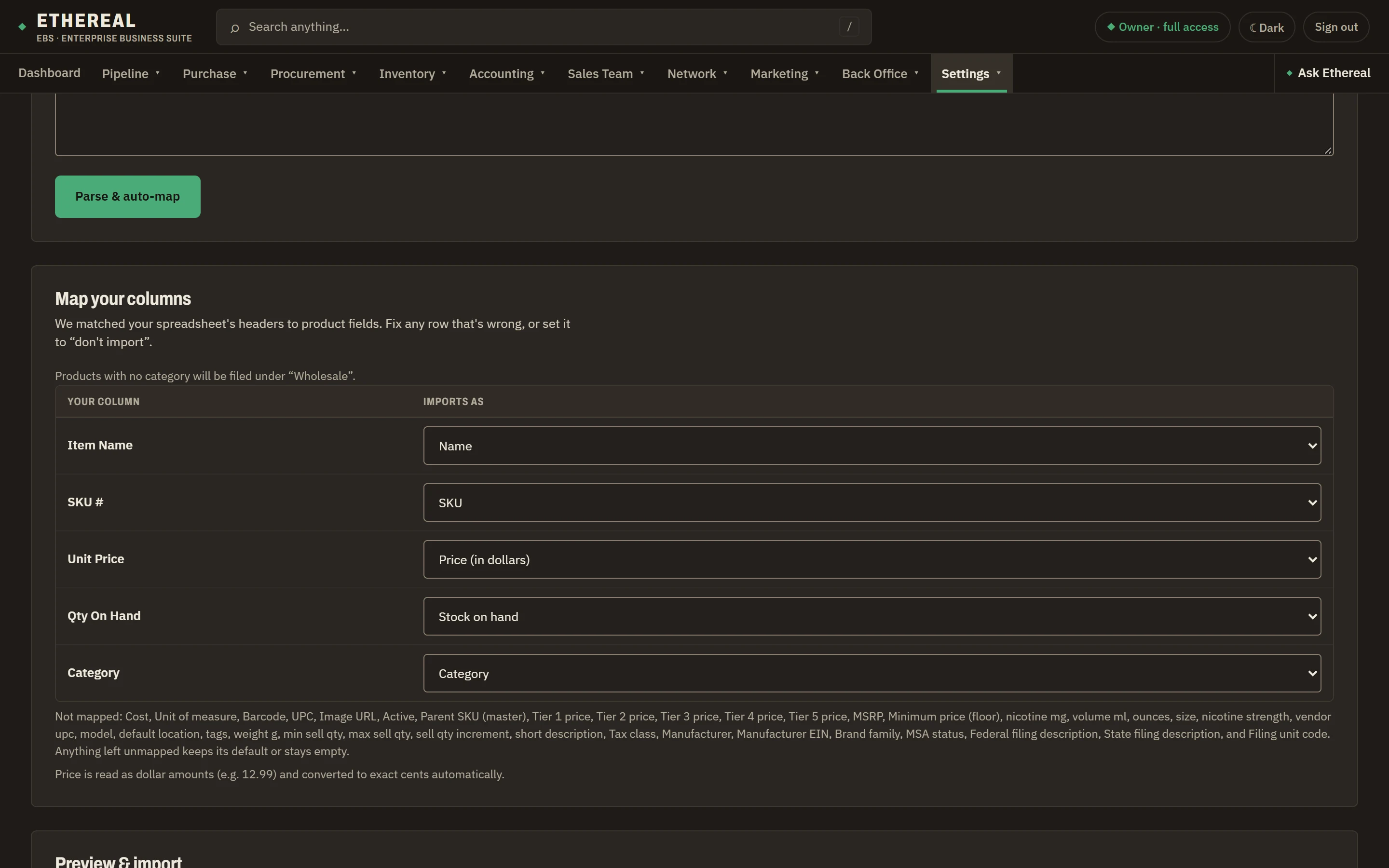 The Import Data screen in Ethereal EBS with a pasted product CSV and its columns mapped to product fields