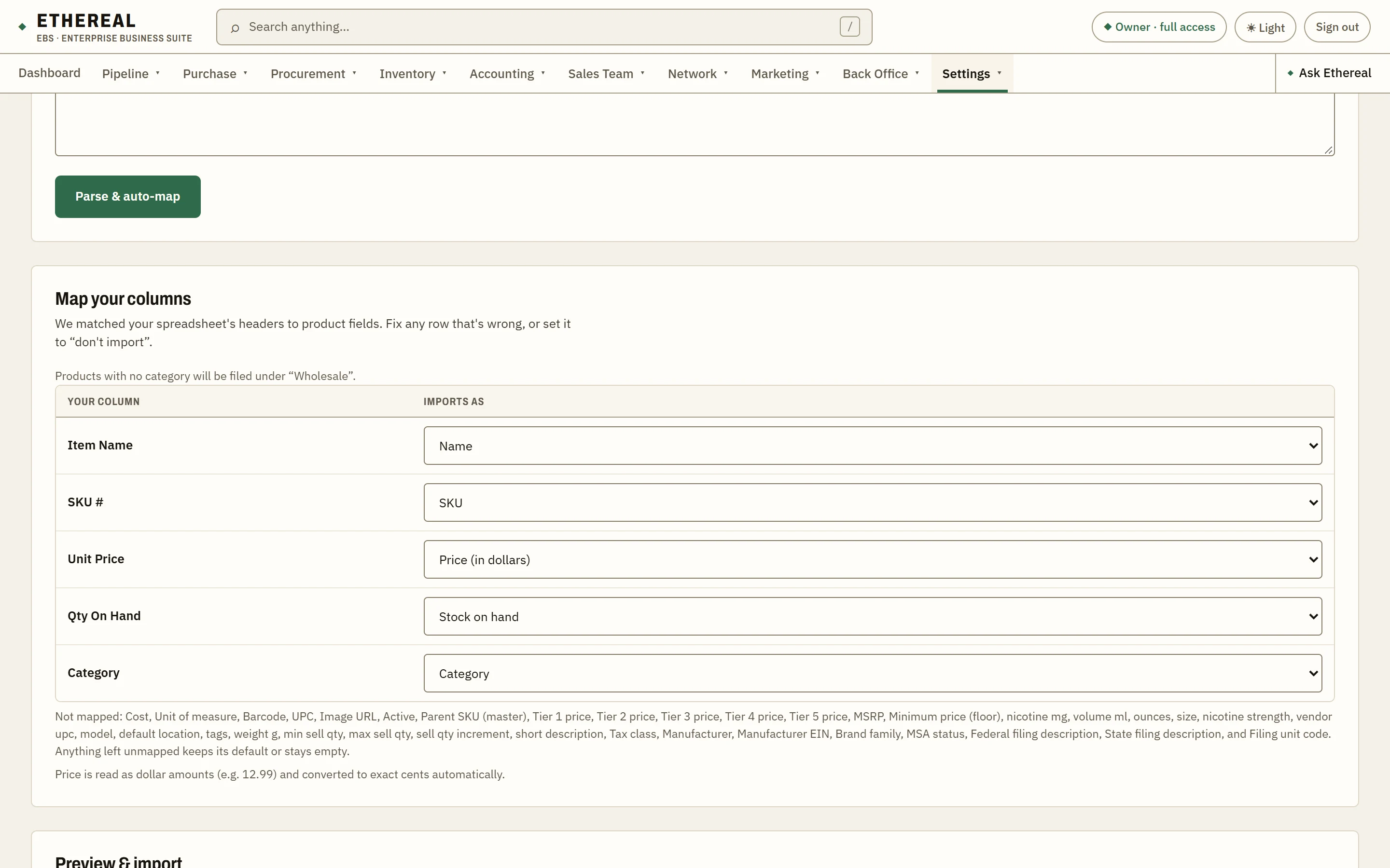 The Import Data screen in Ethereal EBS with a pasted product CSV and its columns mapped to product fields