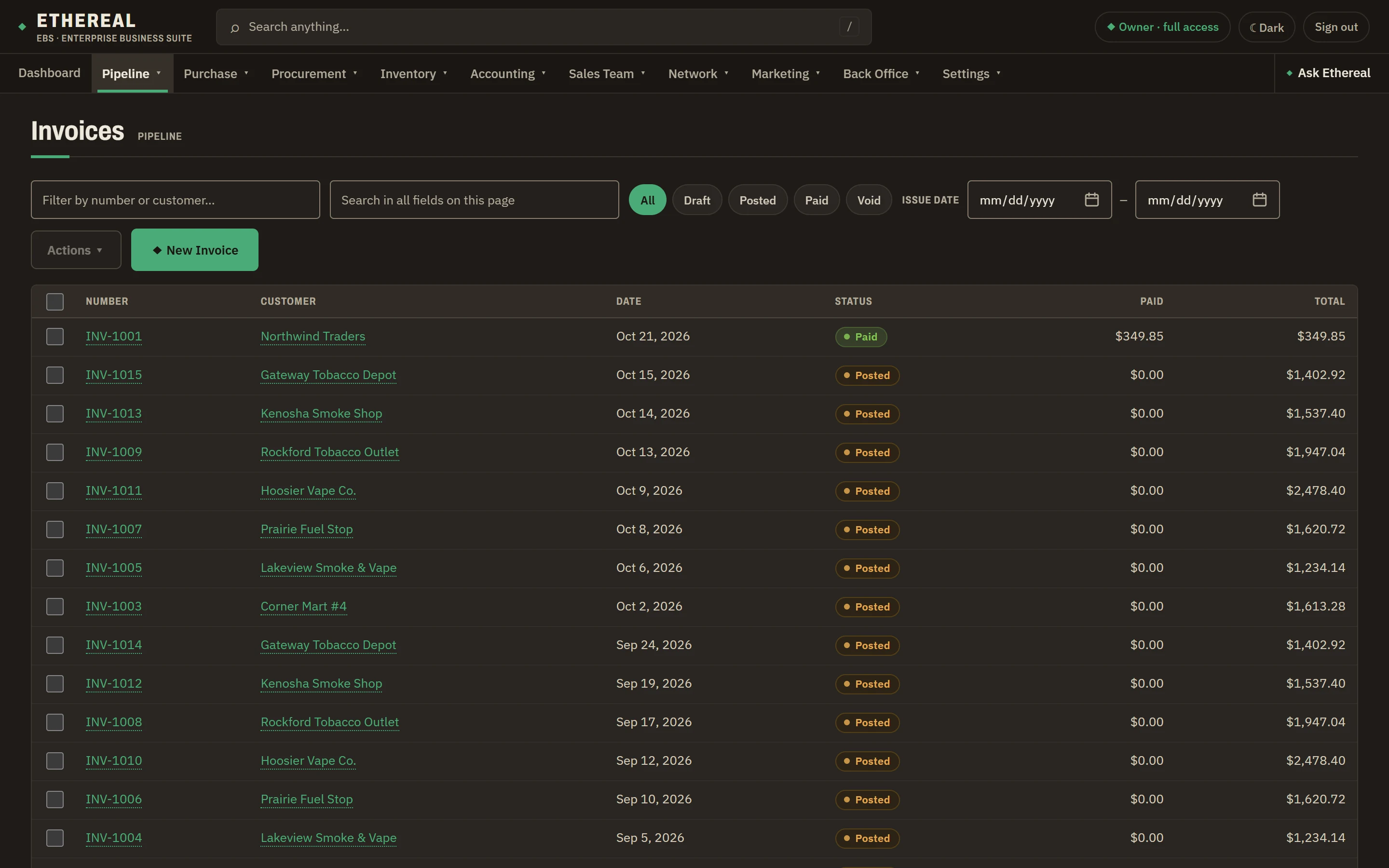 The Invoices list in Ethereal EBS, with posted and paid invoices and their customers and totals