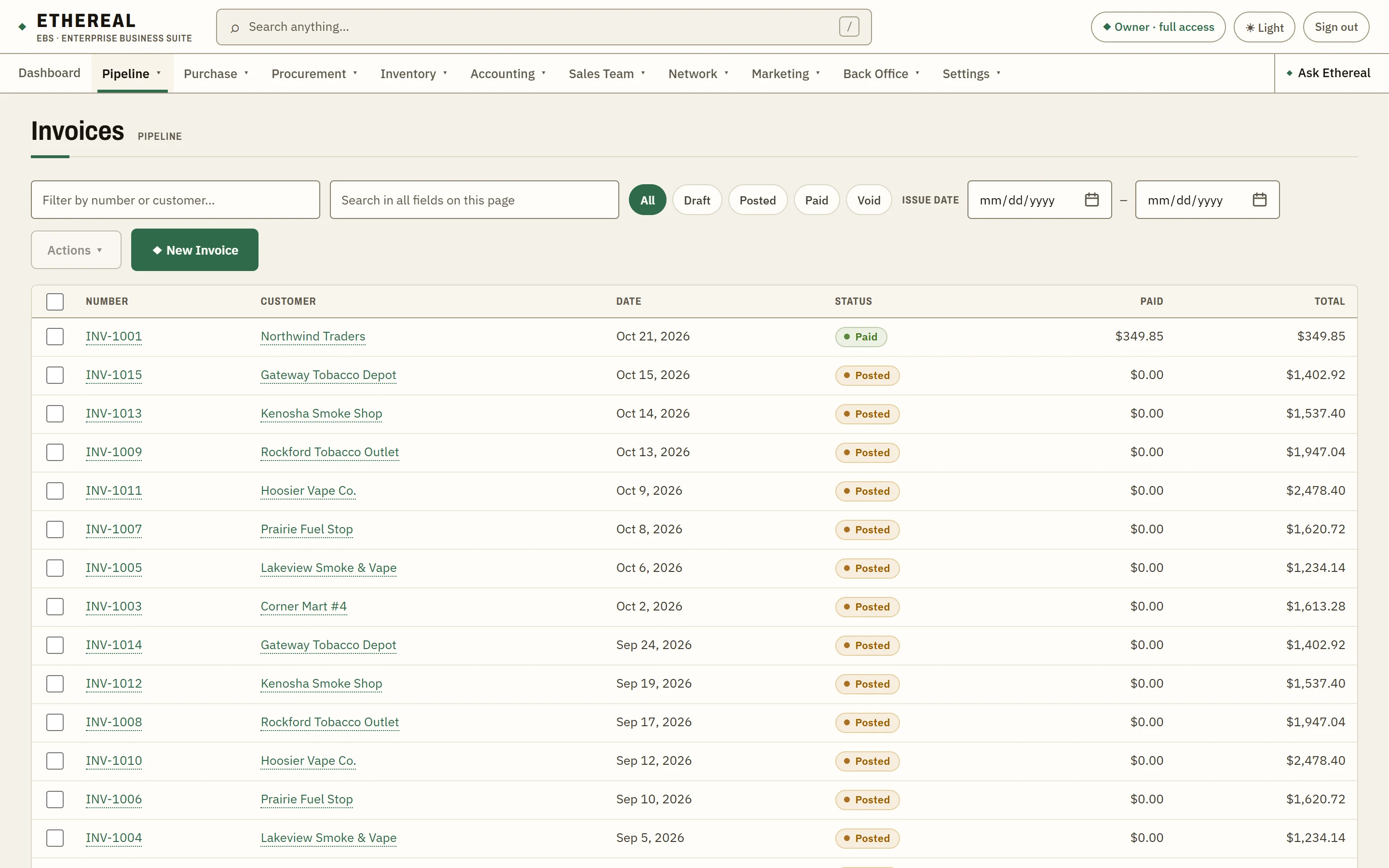 The Invoices list in Ethereal EBS, with posted and paid invoices and their customers and totals