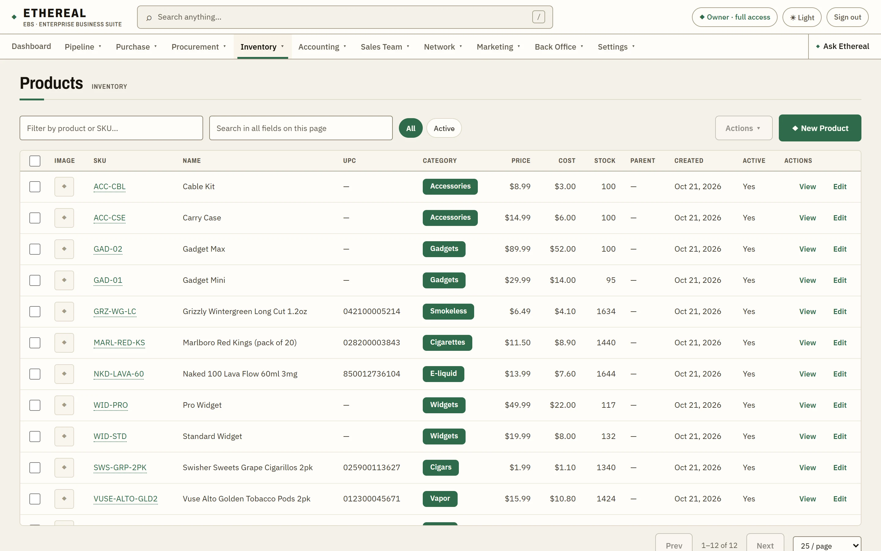 The Products list in Ethereal EBS with stock on hand, cost and price for tobacco and vapor products