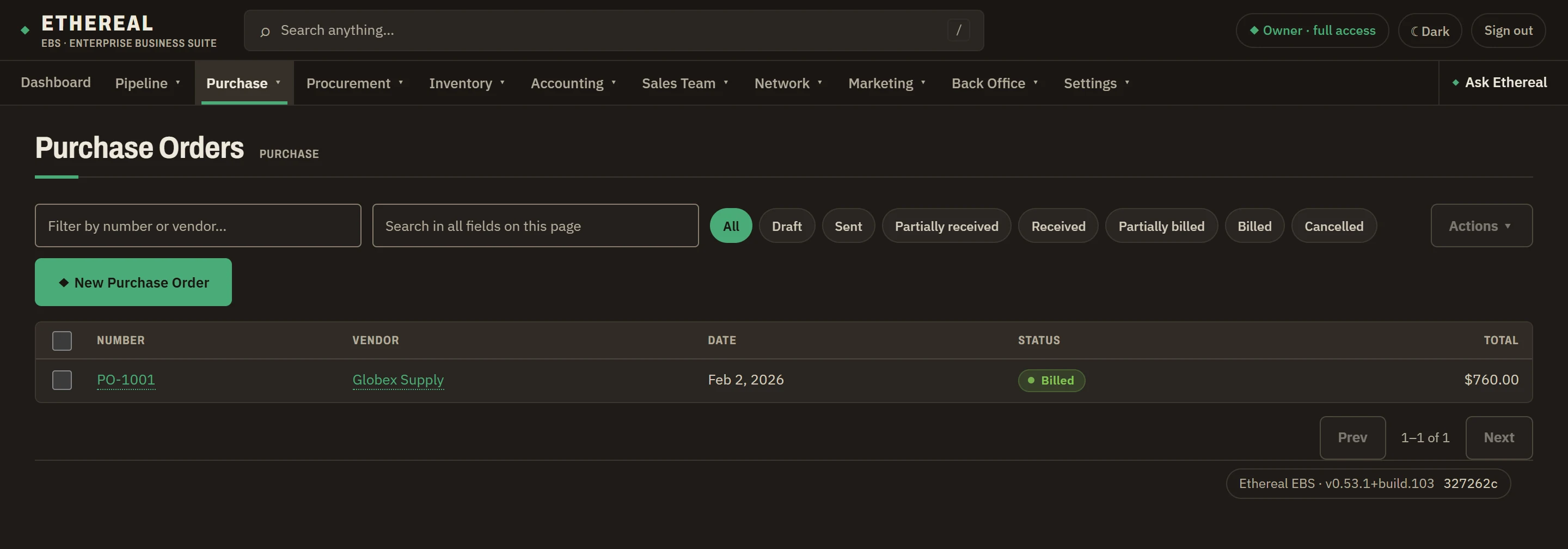 Purchasing in Ethereal EBS, listing purchase documents with their vendors, status and totals