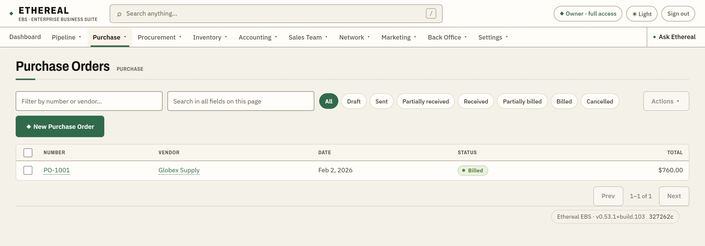 Purchasing in Ethereal EBS, listing purchase documents with their vendors, status and totals