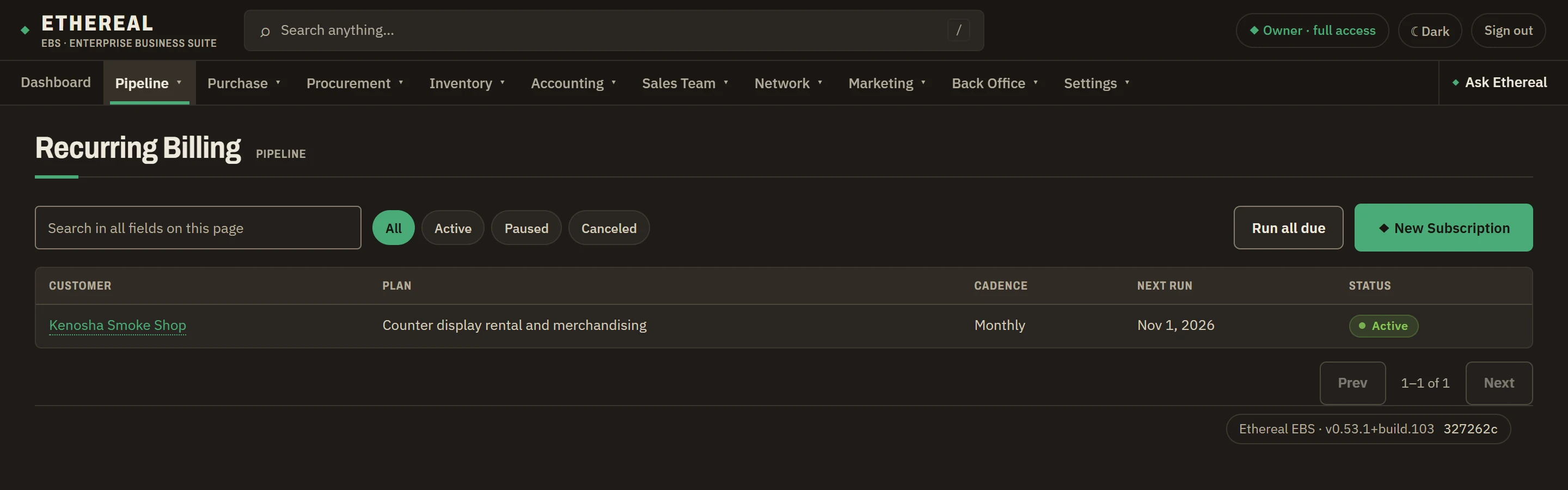 The recurring billing screen in Ethereal EBS with a customer subscription, its amount, cadence and next run