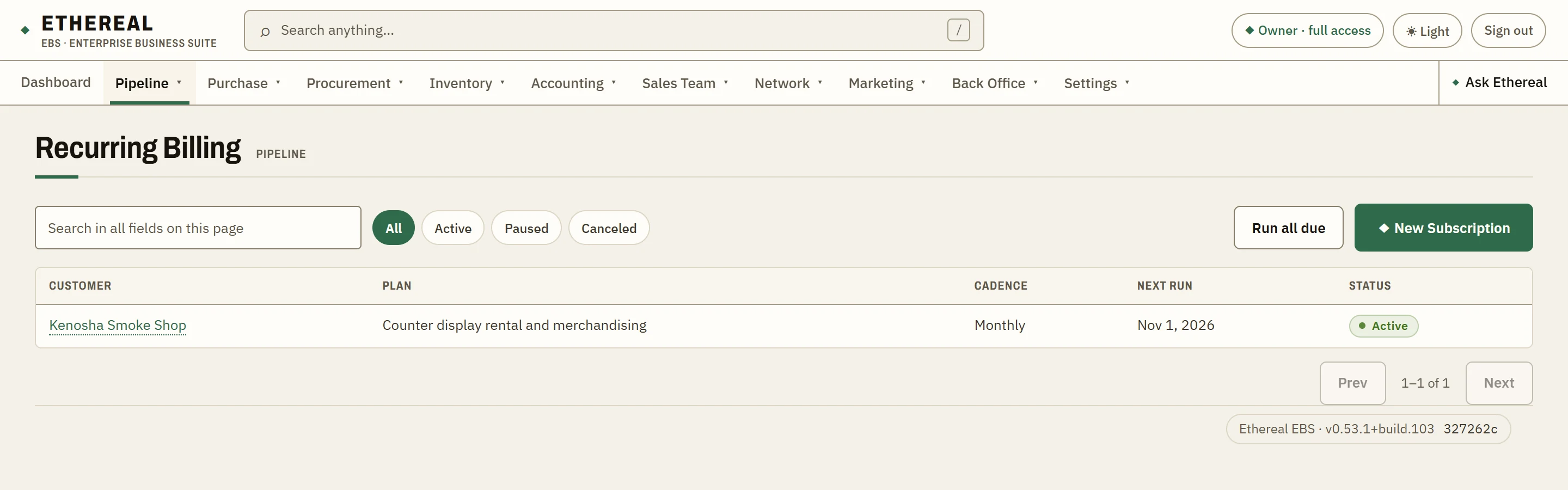 The recurring billing screen in Ethereal EBS with a customer subscription, its amount, cadence and next run