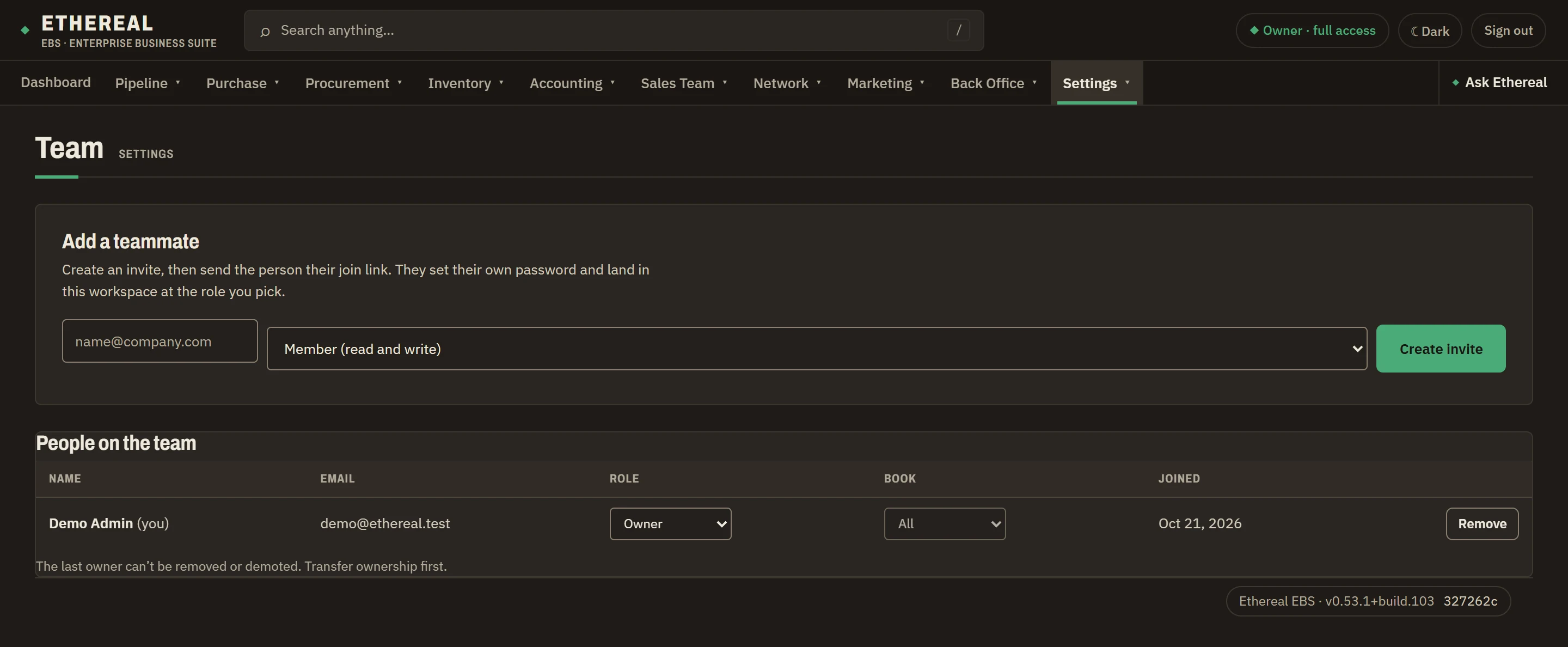 The Team screen in Ethereal EBS listing people with their roles and a way to add a teammate