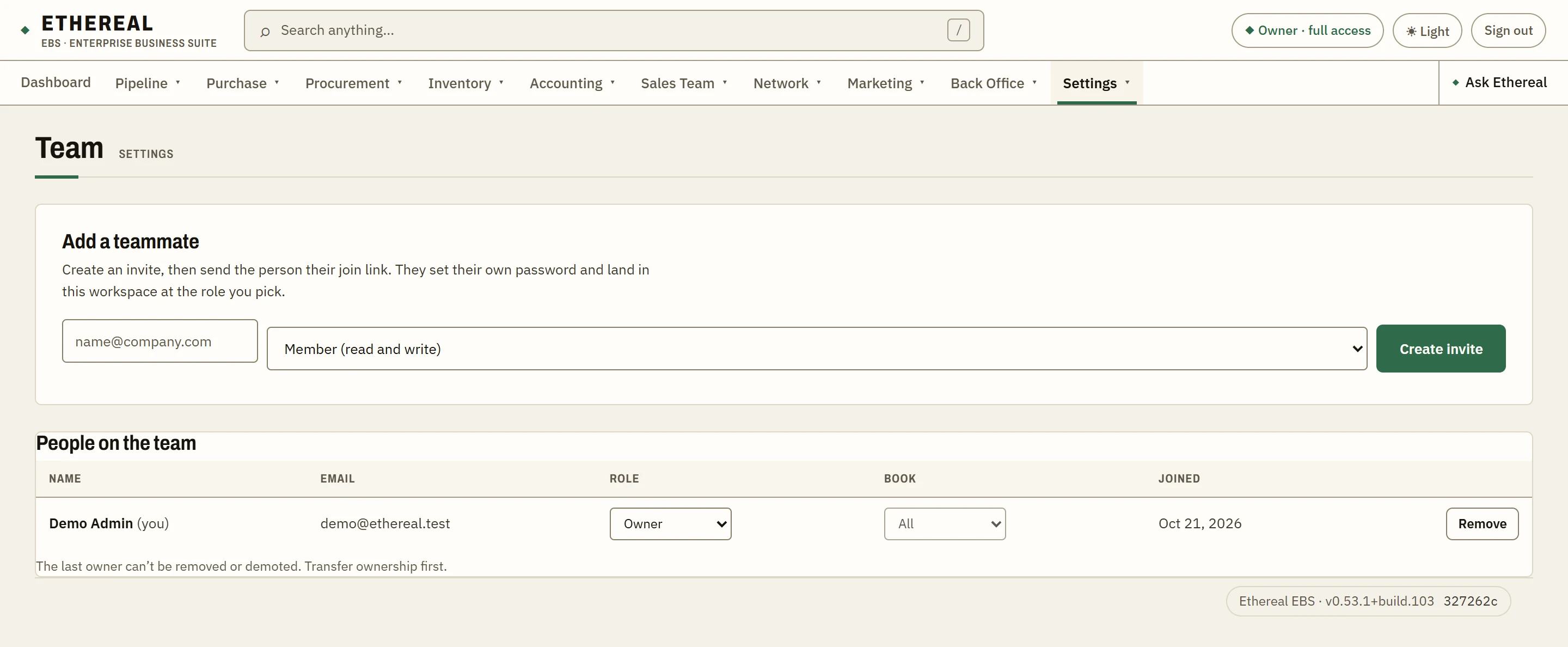 The Team screen in Ethereal EBS listing people with their roles and a way to add a teammate