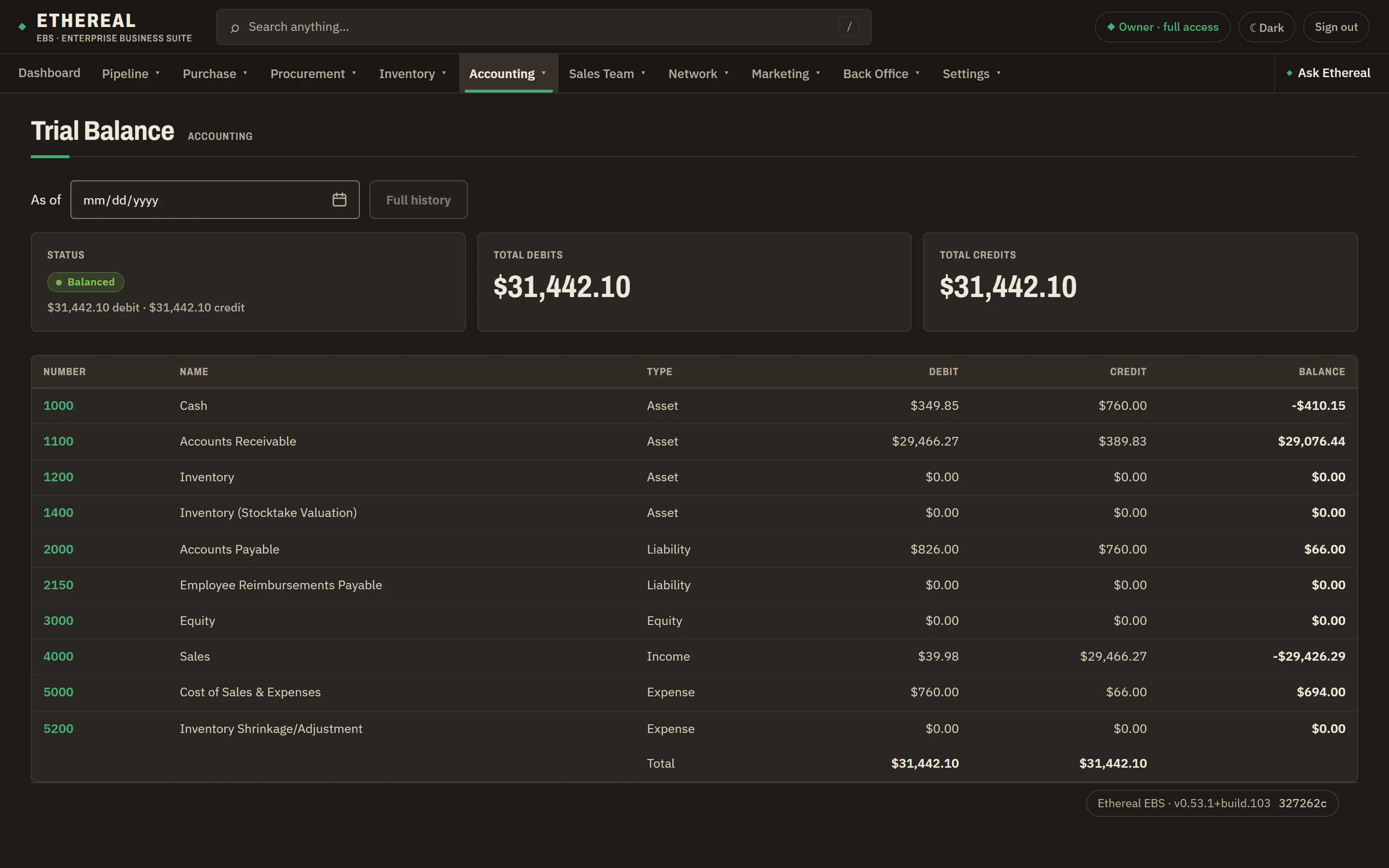 The Trial Balance in Ethereal EBS, listing accounts with their debit and credit balances and matching totals
