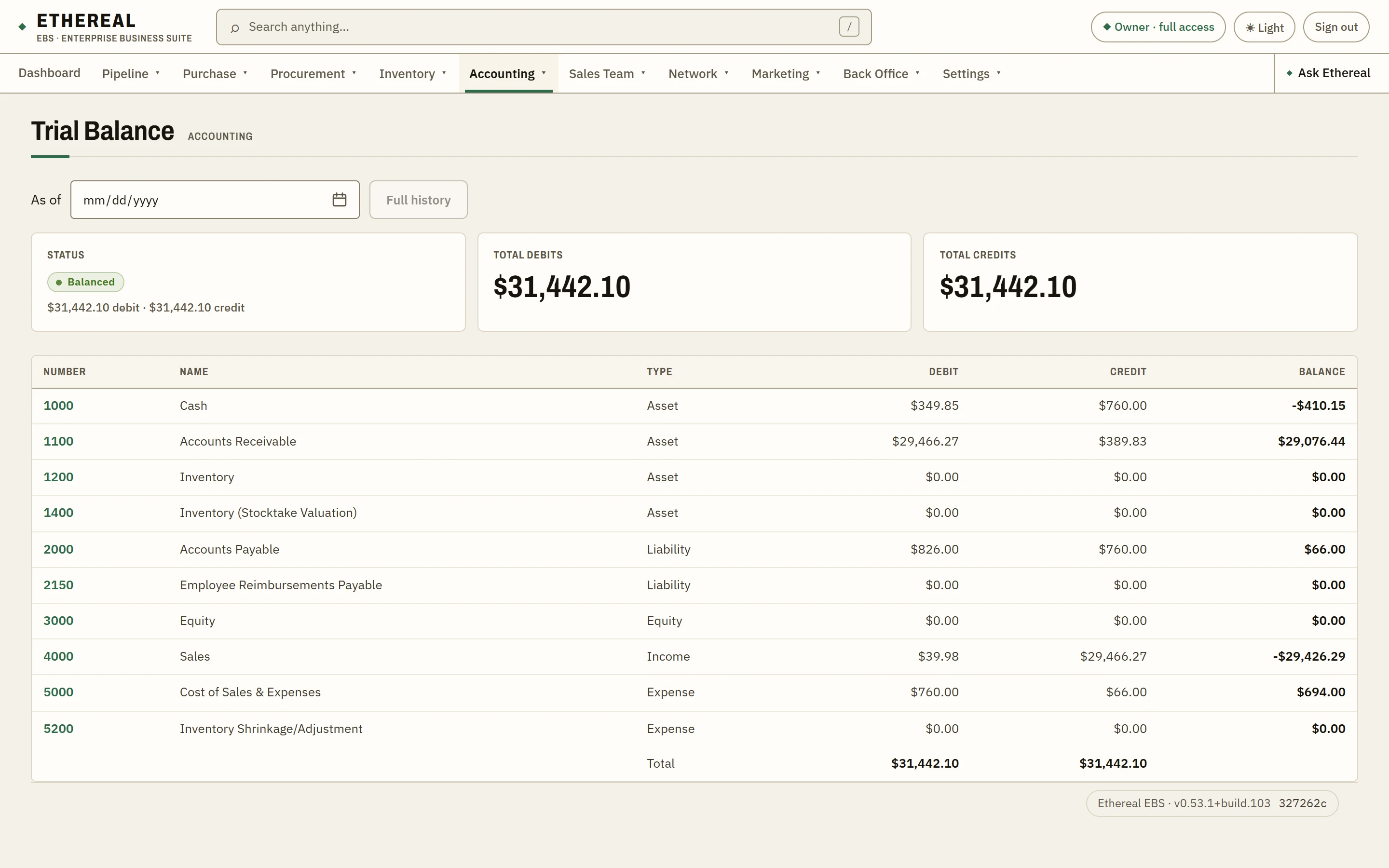 The Trial Balance in Ethereal EBS, listing accounts with their debit and credit balances and matching totals